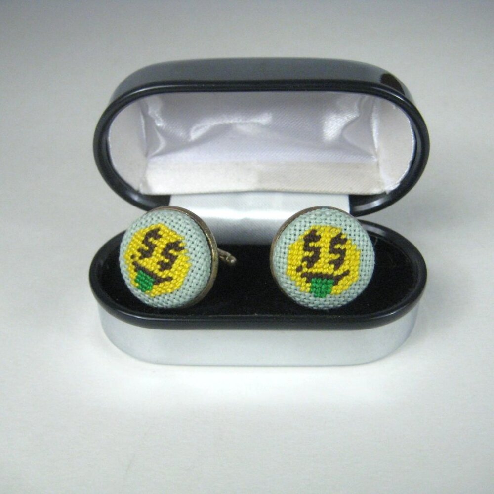 Handmade Needlepoint Money Mouth Emoji Cufflinks Silver-Tone Backing